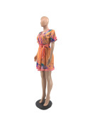 Floral Print V Neck Short Sleeve Sashes Mini Dress JRF-3616