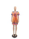 Floral Print V Neck Short Sleeve Sashes Mini Dress JRF-3616