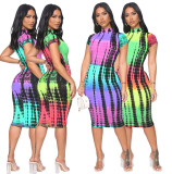 Printed Fashion Short Sleeve Midi Dress YIBF-6074
