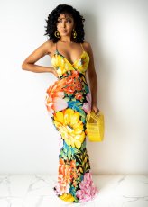 Floral Print Sexy Spaghetti Strap Maxi Dress WY-6785