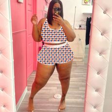 Plus Size Houndstooth Print Casual 2 Piece Shorts Set MX-1196