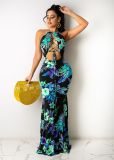 Floral Print Lace Up Halter Hollow Maxi Dress WY-6791