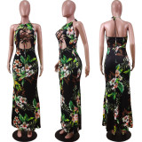 Floral Print Lace Up Halter Hollow Maxi Dress WY-6791