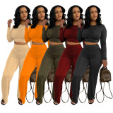 Solid Ruched Long Sleeve Two Piece Pant Sets TR-1149