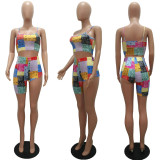 Fashion Casual Cashew Flower Print Camisole Irregular Shorts Two Piece Sets MAE-2087