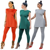 Solid Sleeveless Split Top And Pants 2 Piece Sets OY-6288