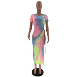Sexy Tie Dye Print High Split Maxi Dress YN-1093