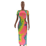 Sexy Tie Dye Print High Split Maxi Dress YN-1093