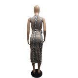 Snaki Skin Print Lace Up Hollow Midi Dress BLI-2307