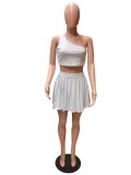 Sexy Solid One Shoulder Pleated Mini Skirt 2 Piece Sets QZX-6211