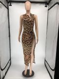 Sexy Leopard Sleeveless Zipper Split Long Dress RUF-8930