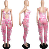 Sexy Tie Dye Mesh Bodysuit+Ruffled Pants 2 Piece Sets MIL-219
