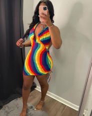Colorful Striped Halter Hollow Out Mini Dress OY-6289