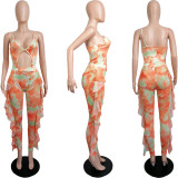 Sexy Tie Dye Mesh Bodysuit+Ruffled Pants 2 Piece Sets MIL-219