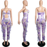 Sexy Tie Dye Mesh Bodysuit+Ruffled Pants 2 Piece Sets MIL-219