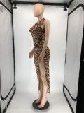 Sexy Leopard Sleeveless Zipper Split Long Dress RUF-8930