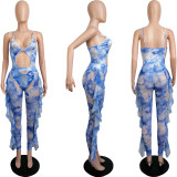 Sexy Tie Dye Mesh Bodysuit+Ruffled Pants 2 Piece Sets MIL-219