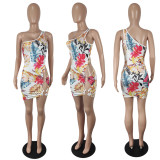 Floral Print One Shoulder Sleeveless Hollow Mini Dress YIY-5293