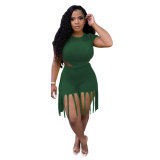 Plus Size Solid Color Short Sleeve And Tassel Shorts Two Piece Sets MTY-6529