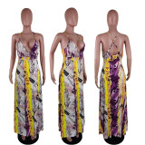 Sexy Printed V Neck Cross Strap Split Maxi Dress AWF-5875