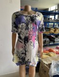 Plus Size Casual Printed Short Sleeve Mini Dress WUM-2157