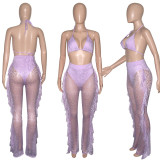 Sexy Lace Hollow Bra Top+Ruffled Pants 2 Piece Sets SH-390114