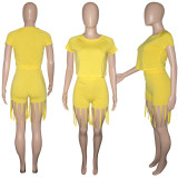 Casual Solid T Shirt Tassel Shorts 2 Piece Sets SH-390115