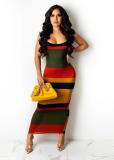 Ribbed Striped Backless Cross Strap Slim Long Dress JRF-3624