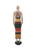 Ribbed Striped Backless Cross Strap Slim Long Dress JRF-3624