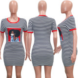 Casual Striped Character Print Short Sleeve Mini Dress SH-3769
