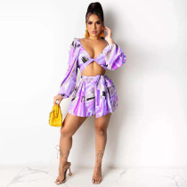 Sexy Printed Long Sleeve Two Piece Shorts Set SZF-8081