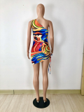 Colorful Printed One Shoulder Ruched Mini Dress YNSF-1636