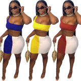 Contrast Color One Shoulder Mini Skirt 2 Piece Sets LM-8247