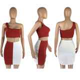 Contrast Color One Shoulder Mini Skirt 2 Piece Sets LM-8247