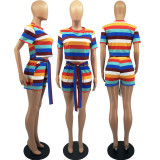 Colorful Striped T Shirt+Sashes Shorts Two Piece Sets FOSF-8083