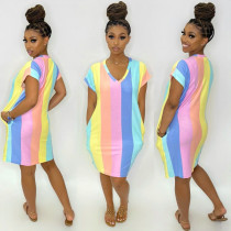 Colorful Striped V Neck Short Sleeve Casual Dress SH-390132