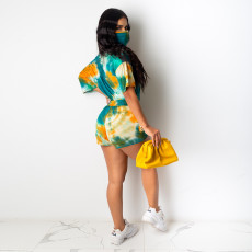 Tie Dye Casual Two Piece Shorts Set With Mask SH-3811