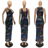 Summer Fashion Sexy Sleeveless Letter Print Long Dress WSM-5248