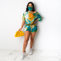 Tie Dye Casual Two Piece Shorts Set With Mask SH-3811