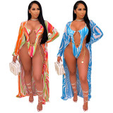 Sexy Printed Hollow Bodysuit Swimwear+Long Cloak 2 Piece Sets CYA-9040
