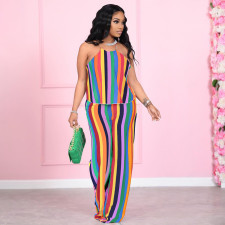 Fashion Casual Plus Size Striped Halter Top And Pants Two Piece Sets YIM-193