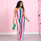 Fashion Casual Plus Size Striped Halter Top And Pants Two Piece Sets YIM-193