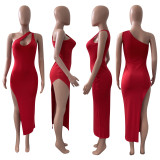 Sexy Solid Color Oblique Shoulder Split Dress NIK-246