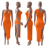 Sexy Solid Color Oblique Shoulder Split Dress NIK-246