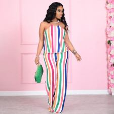 Fashion Casual Plus Size Striped Halter Top And Pants Two Piece Sets YIM-193