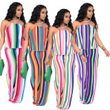 Fashion Casual Plus Size Striped Halter Top And Pants Two Piece Sets YIM-193