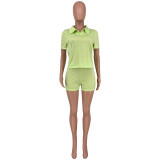 Solid Color Casual Lapel Short Sleeve And Shorts Two Piece Sets CYAO-008