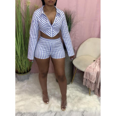 Casual Striped Shirt Top And Shorts 2 Piece Sets DDF-8109