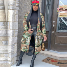 Plus Size Camo Print Full Sleeve Long Coat SH-3726