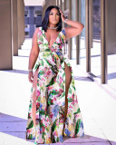 Plus Size Printed Sleeveless V Neck High Split Maxi Dress YFS-2042